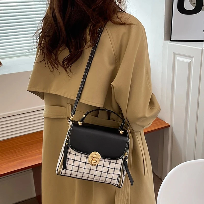 Crossbody Bags Faux Leather Top Handle Bag Plaid Cute Square Shoulder Bag Classic Box Bag for Women Girl Flap Satchel Purse
