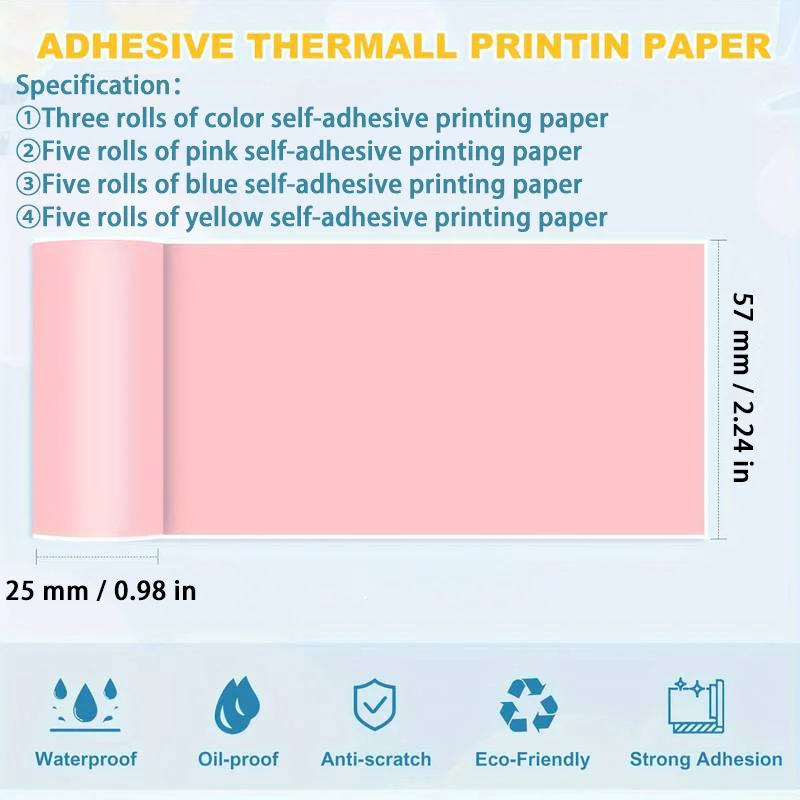Mini Printer Self-adhesive Colored Label Stickers 57mm Wide Inkless Printers Work Photos Memos Colored Sticker Paper Combination