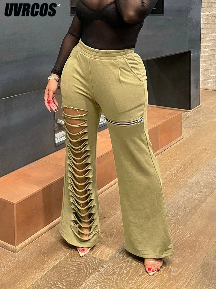 UVRCOS New In Cargo Pants Women Cut Out Zipper Decorate Strecthy Waist  Loose Straight Fashion Trends Casual Street Hot Trousers