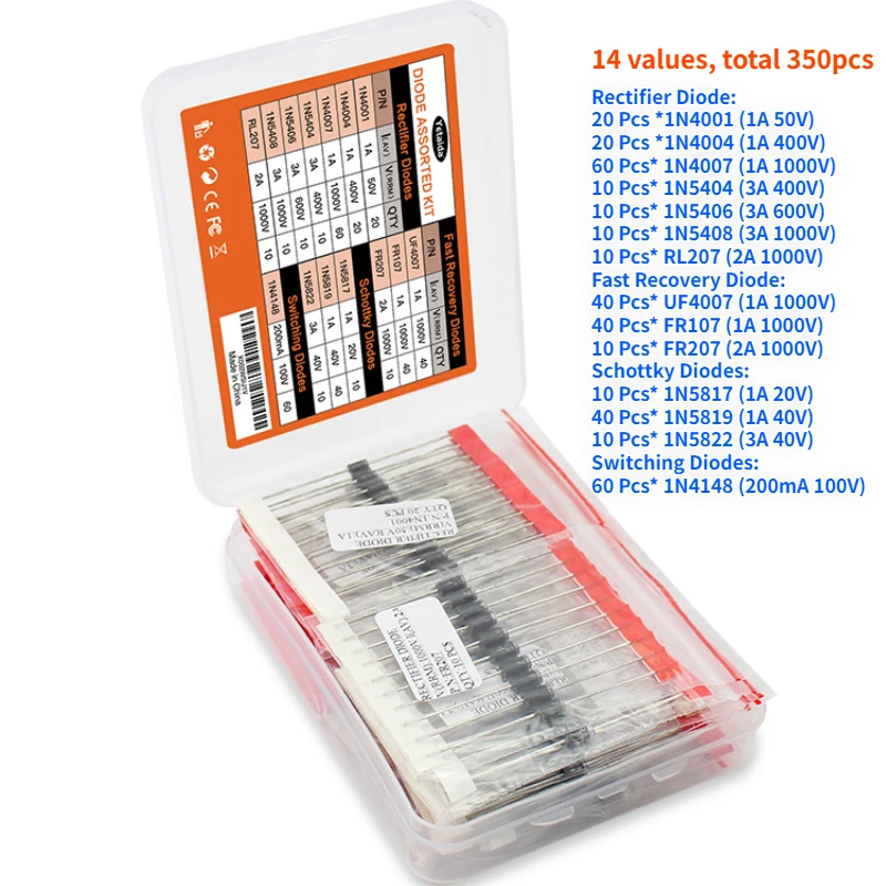 350PCS/box Diodes kit 14Values Rectifier/Fast Recovery/Schottky/Switching Diode Set 1N4001 1N4007 1N4148 RL207 UF4007 FR107 207