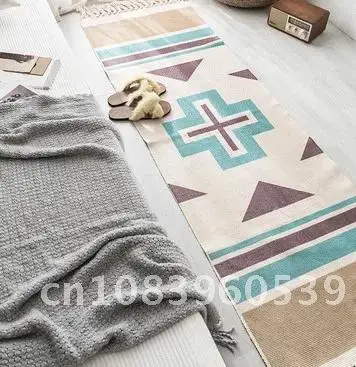 

Boho style handmade cotton macrame plant pattern tassel anti-slip woven mat bedroom doormat floor bath rug carpet for home décor