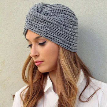 Muslim Fashion Imitation Cashmere Turban Caps for Women Bohemian Style Hijab Caps Indian Hat Solid Color Ladies Knitted Cap