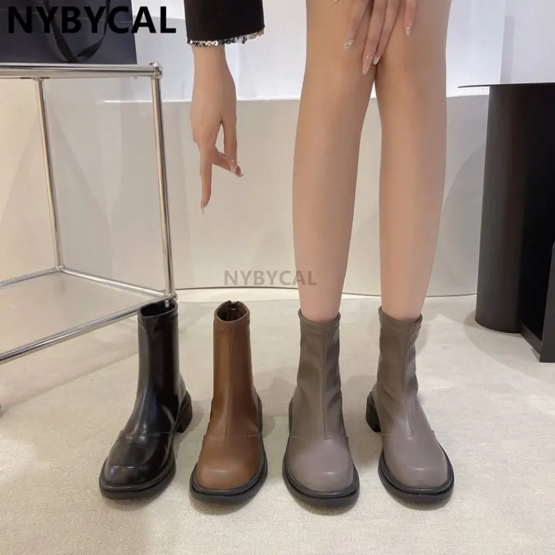 Winter Warm High Heels Boots For Women Square Toe Shoes Ladies Fashion Platform Thick Sole Short Boots 2023 Ladies Ankle Booties