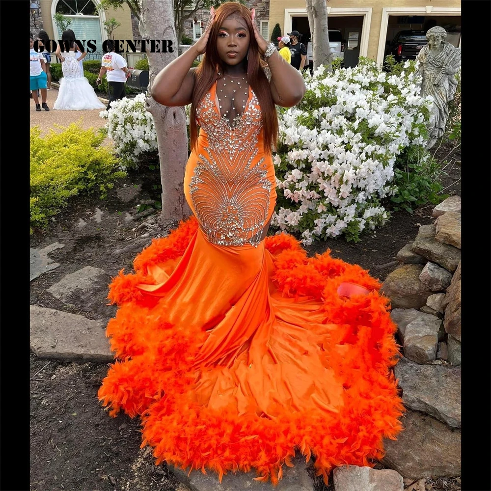 Luxury Orange Feather Mermaid Orange Mermaid Prom Dresses With Beaded  Detailing And Open Back Plus Size Evening Gown For Black Girls, Sleeveless  And Sexy Perfect For Birthday Parties And Formal Occasions 2023