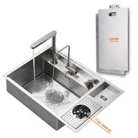 Multifunctional Black Concealed Kitchen Sink with Lid Stainless Steel Bar Built-In Vegetable Sink with Cup Wash Middle Downspout 2