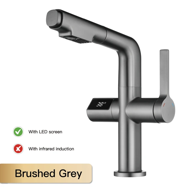 Light luxury gun gray brass kitchen faucet digital display induction design single handle cold & hot dual l 2 function sink Tap 8