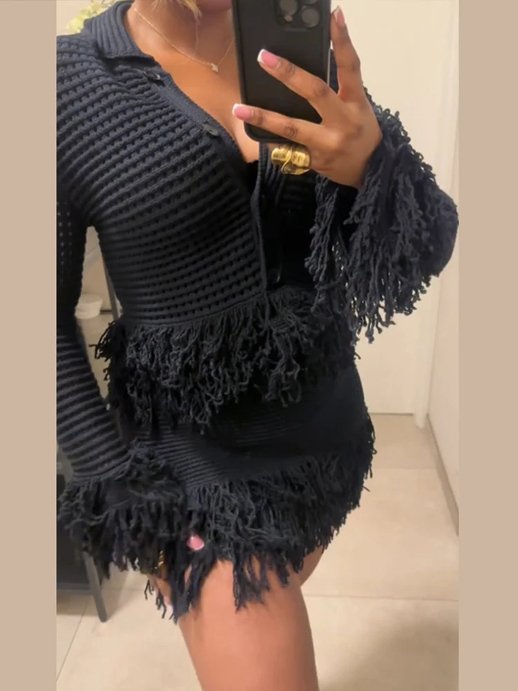 Description Picture 4 of itemTassel Knitted Top Coat Wrap Hip Skirt Set Fringe Hollow Out Grid Knitwear Lapel Women Crochet Knit Sweater Jacket Short Skirts