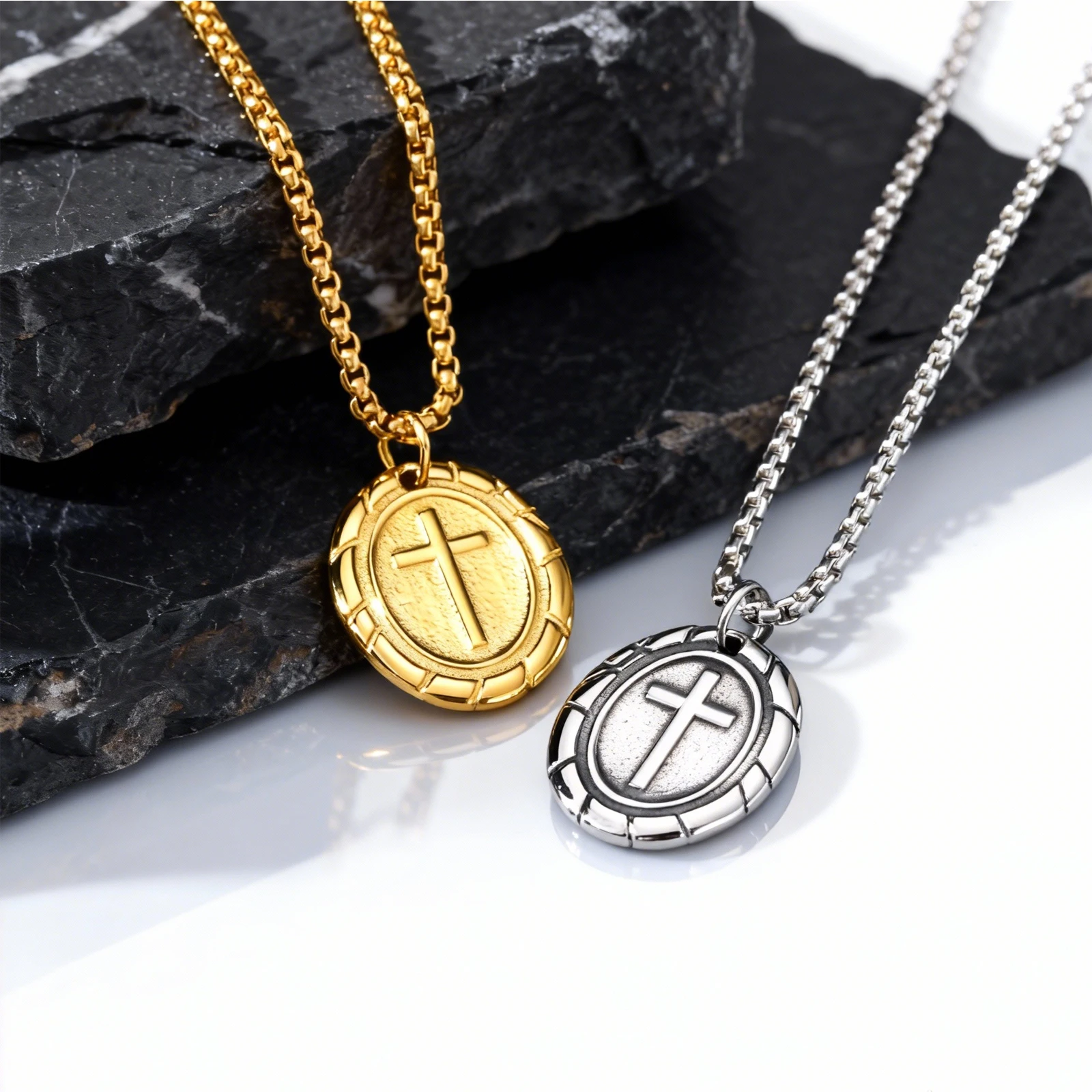 Men's Retro Silver Color Stainless Steel Cross Pendant Necklaces,New Punk Religious Faith Collar Gifts to Him Jewelry