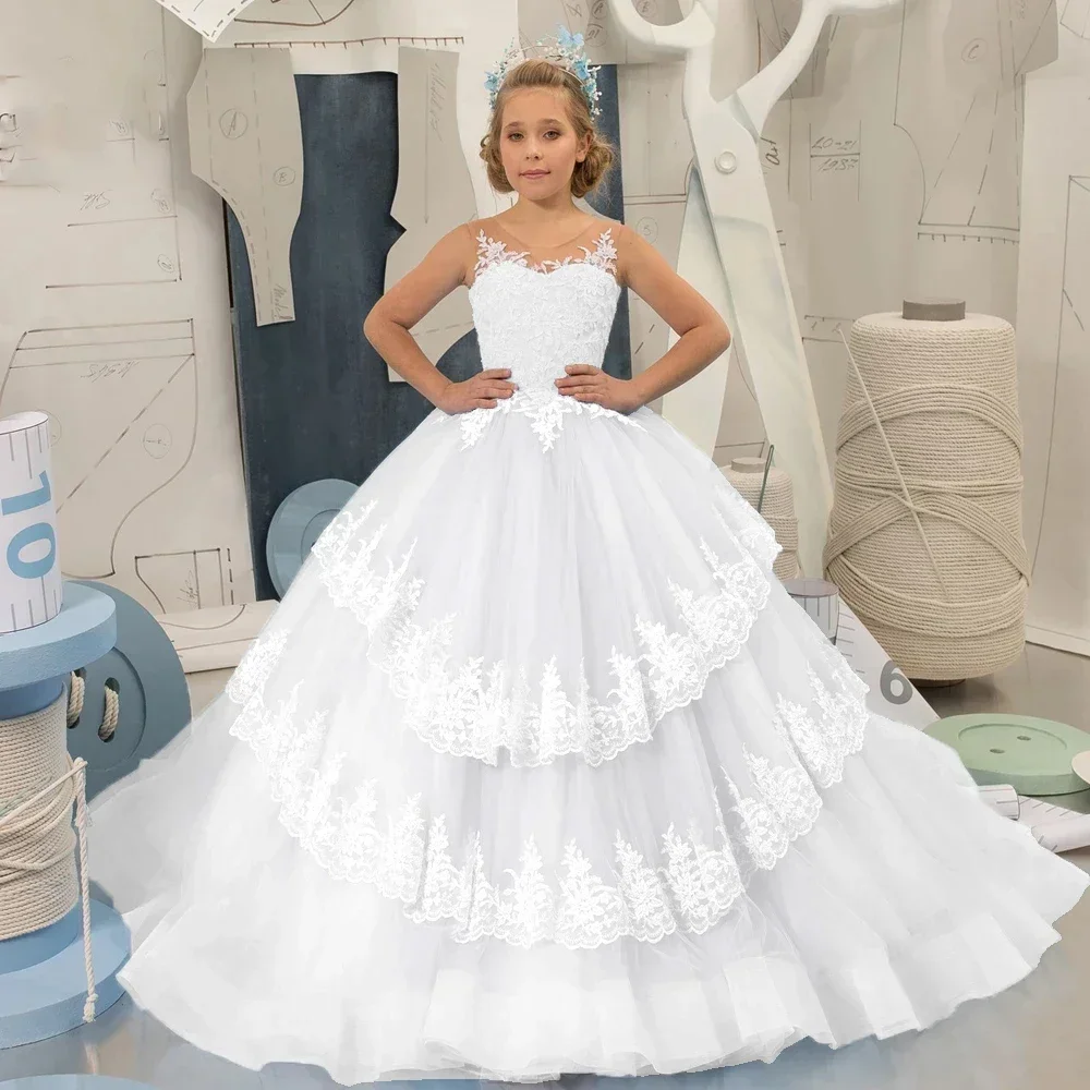 

Blue Flower Girl Dresses For Wedding Puffy Lace Tiered Tulle Pageant Dress White Appliques First Communion Party Ball Gowns