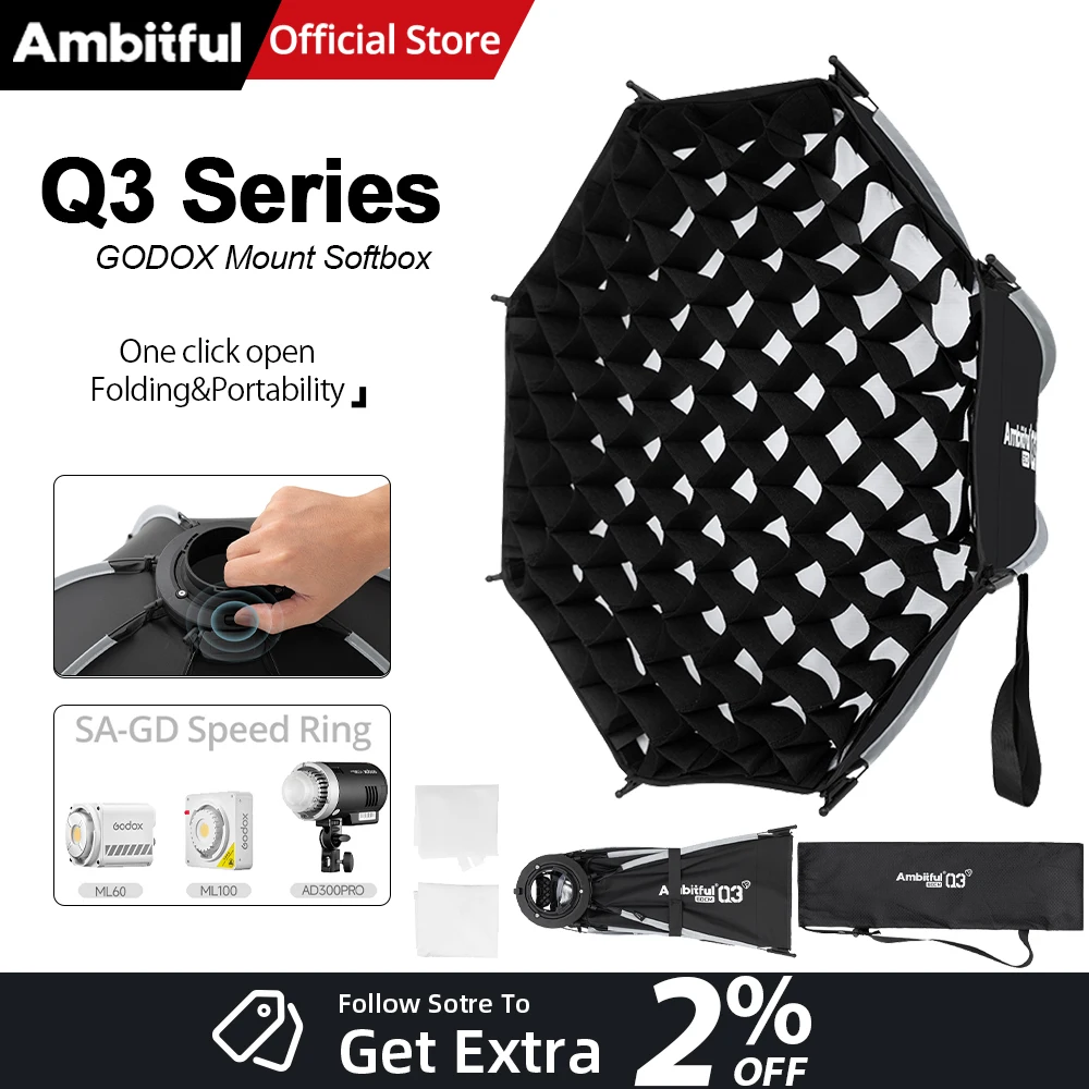 AMBITFUL Q3-40cm Q3-60cm GODOX 마운트 소프트박스 SA-GD 스피드 링 매트 박스 라이트 박스 (GODOX ML100 BI ML60 AD300Pro LED 플래시라이트용)