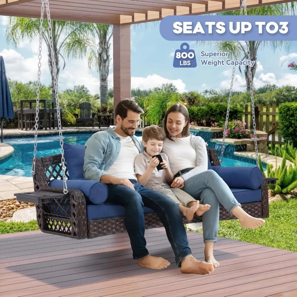 3 Seat Porch Swing, Wicker Patio Swing with Cup Holders & 3 Back Cushions, Yard Swing with Chains for Deck Garden Backyard 5