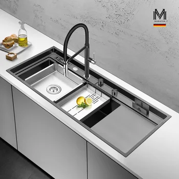  ASRAS สีดำสแตนเลสนาโน-ทรีทเมนท์อ่างล้างจานชามเดี่ยวขนาดใหญ่พิเศษพร้อมที่วางมีด (1180X500 มม.) 1