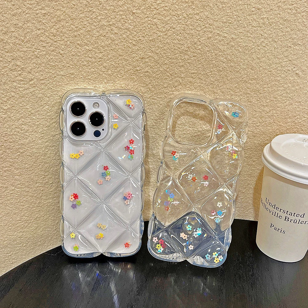 Cute Floret 3D Rhombic Reticolo Trasparente Senior Simplicity Phone Case Per Iphone 15 14 13 12Pro Max Soft Cover Posteriore Antiurto