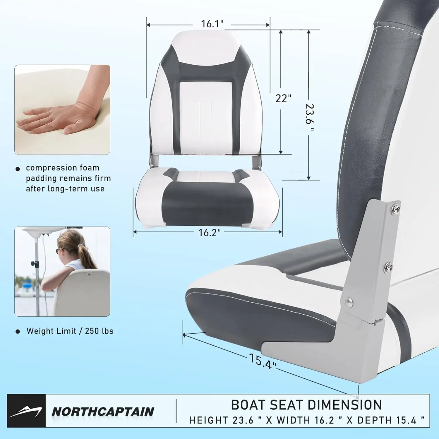 Deluxe A Pair of Marine High Back Folding Fishing Boat Seat,Stainless Steel Screws Included,White/Charcoal