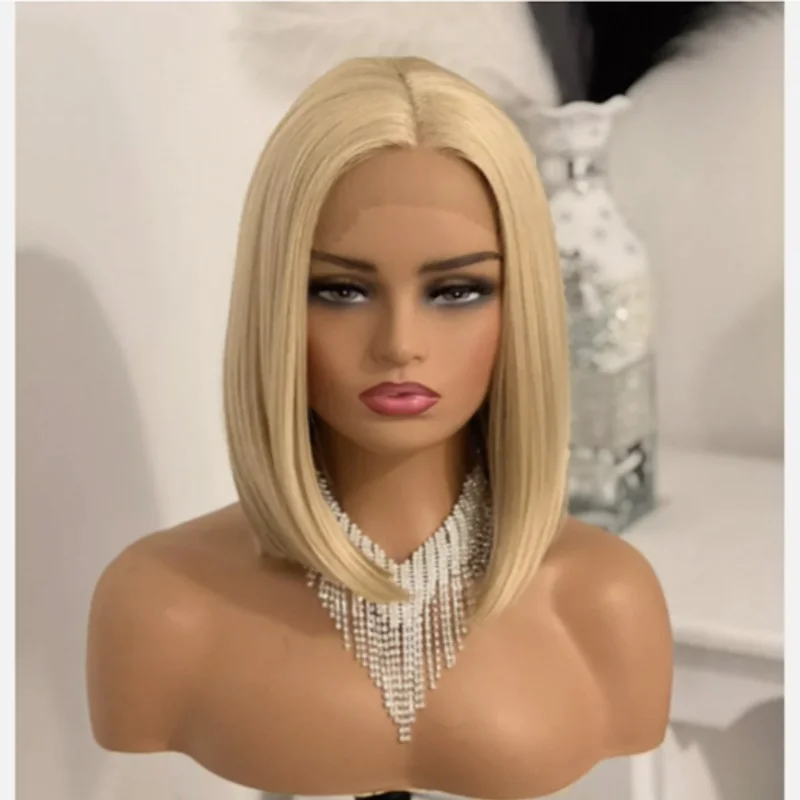 13&times;4 Bob Blonde Brown Wig Lace Front Wig Wavy Highlights Synthetic Middle Part High Quality Heat Resistant Wigs For Women