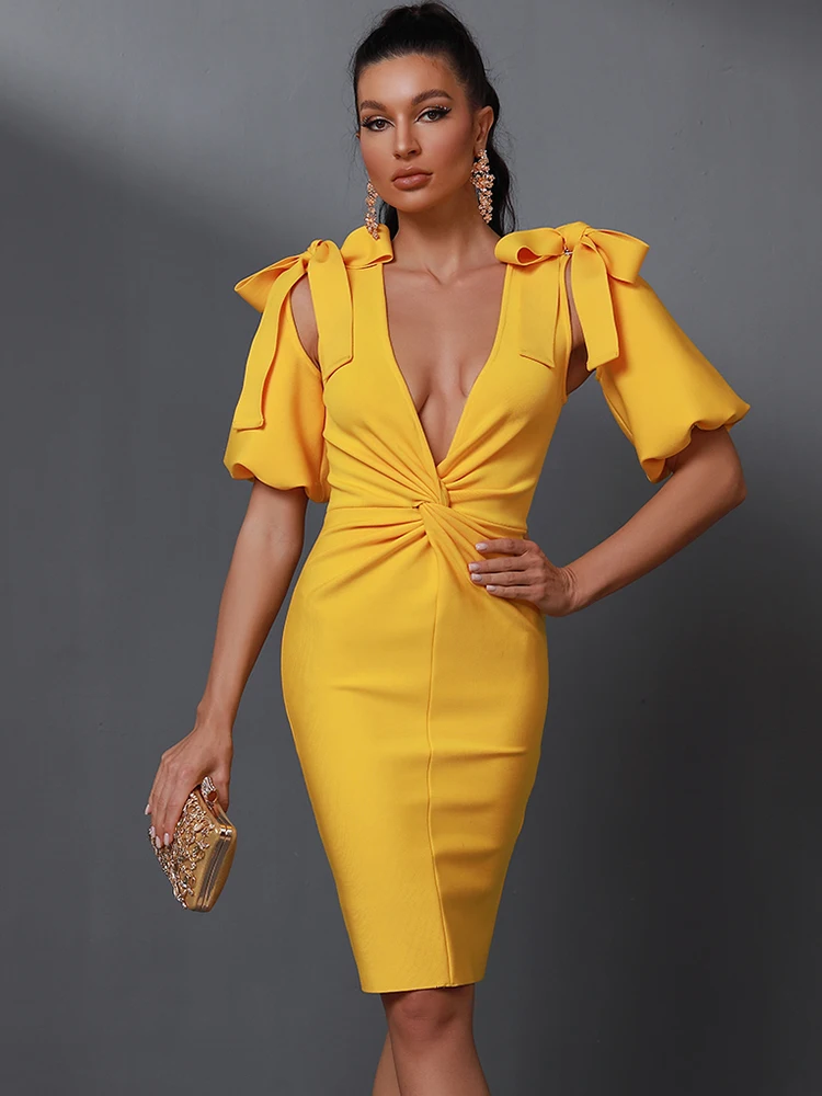 

Yellow Bandage Dress Women Sexy Party Dress Bodycon Elegant Draped Deep v Neck Birthday Evening Club Outfits Summer 2023