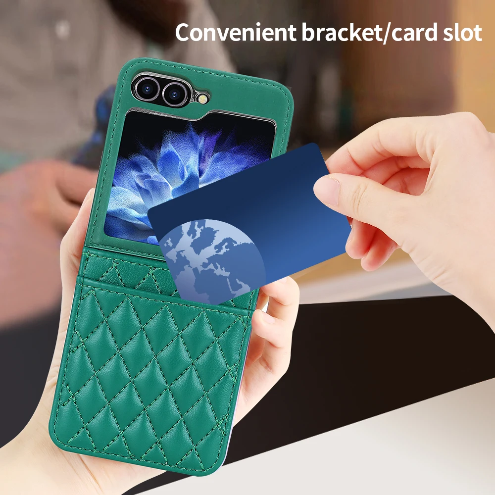 Luxury Vertical Cards Solt Leather Wallet Case for Samsung Galaxy Z Flip 6 5 4 3 5G Flip6 Flip5 Hand Strap Diamond Hinge Cover_voghion.com