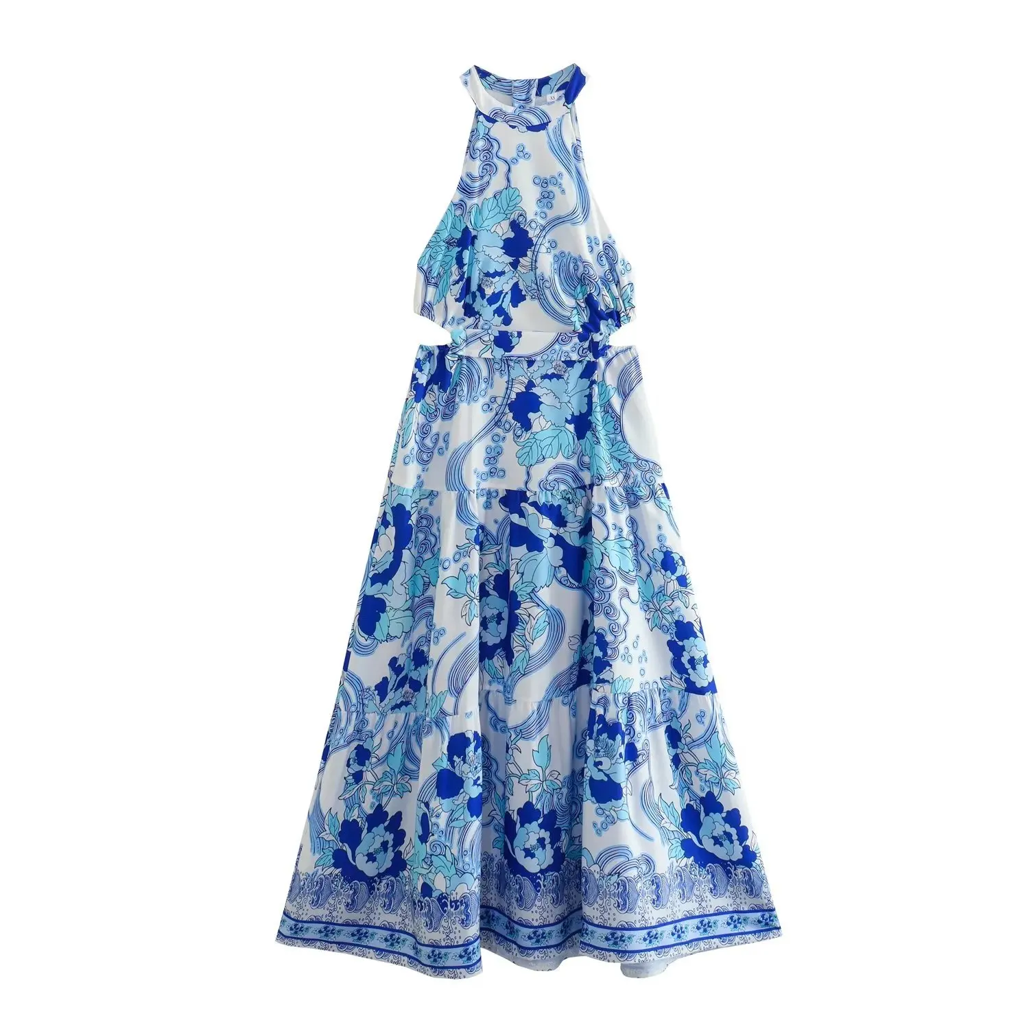 

Summer New Fashion Style Round Neck Sleeveless Blue Print Sexy Backless A-line Retro Casual Dress For Women Ropa De Mujer