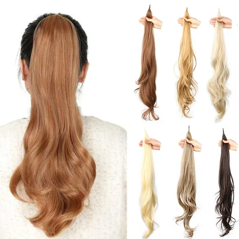 

Flexible Warp Around Ponytail Hair Extension 32inch Long Wavy Pony Tail Hairpiece for Women Synthetic Natural Blonde Fake Hair