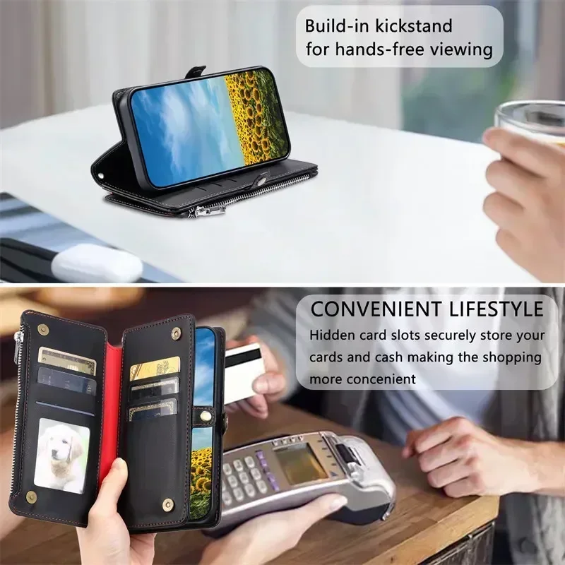 Deluxe Leather Flip Phone Case with Long Lanyard and Zipper Wallet Card Holder