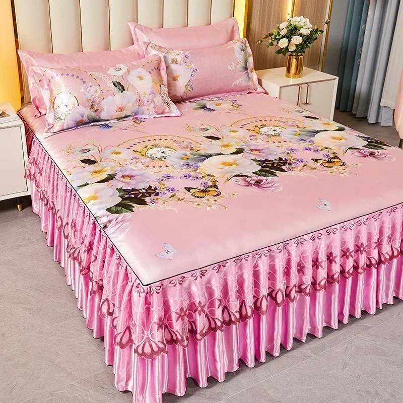 럭셔리 침구 세트, 로맨틱 접이식 자수 시트, 침대 스커트, 킹 퀸 사이즈 침대 시트 세트, 베갯잇 포함