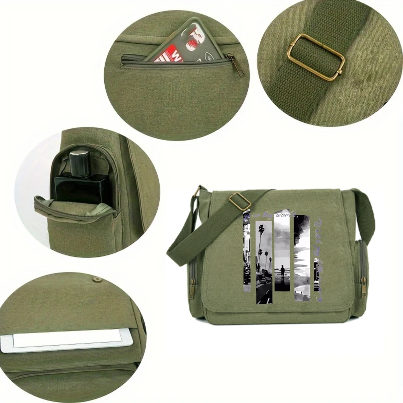 Vintage Men's Shoulder Bag Canvas Letter Print Large Capacity Messenger Bag for Travel Laptop Bag