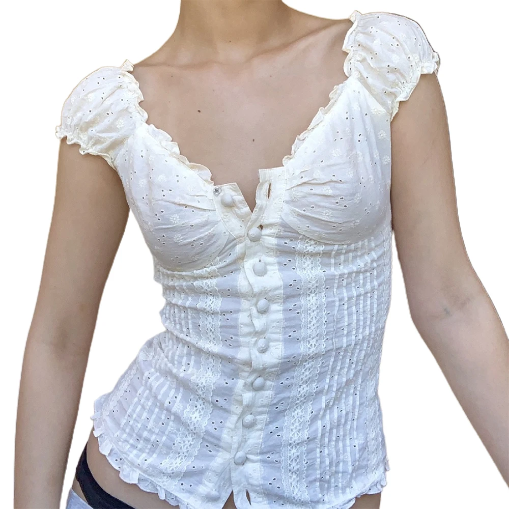

Fashion Woman Blouse Pleated Shoulder V-Neck Button-Down Lace Bodice Crop Top Fairy Solid White Summer Tops Blusas Para Muje