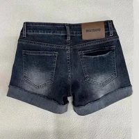 Retro Roll Up Hem Deep Blue Denim Shorts Women Summer Sexy Low Rise Hip Covering Hot Pants American Distressed Washed Jean Short - Image 5