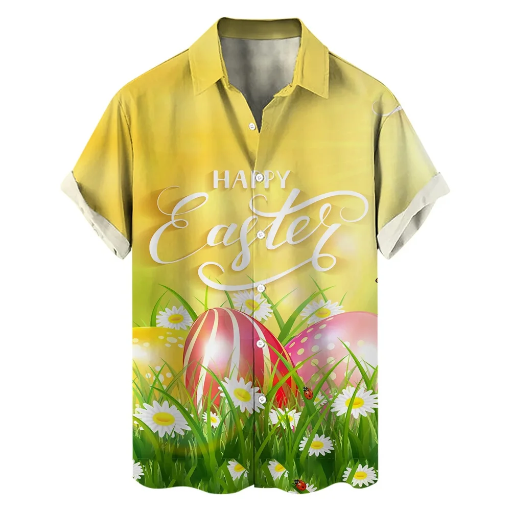 thumbnail image 1 of Camisas hawaianas con estampado 3D de conejos y huevos de Pascua para hombre, ropa de playa para mujer, camisetas kawaii para niños, blusas con botones, 1 of 5