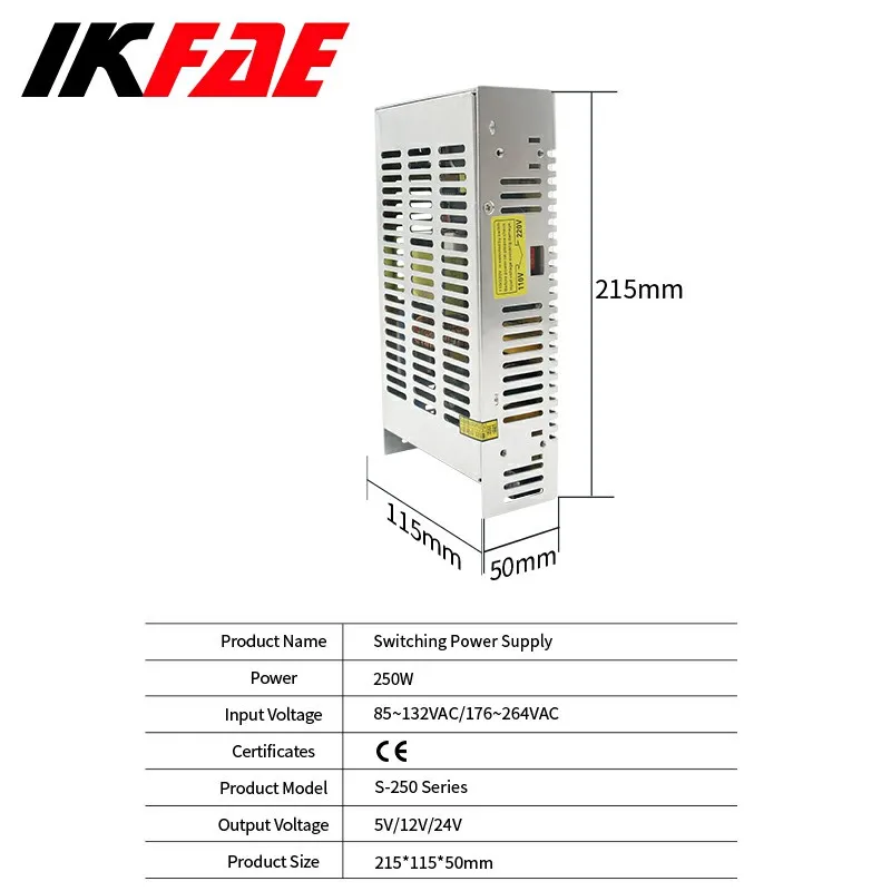 SMPS 조정 가능한 스위칭 전원 공급 장치, 과전압 보호, 미니 사이즈 AC, DC 컨버터, 250W 출력, 5V, 12V, 24V