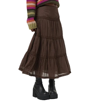 2024 New Fashion Women Long Skirt, Vintage Elegant Solid Pleated Fall Swing Skirt for Casual Daily 1