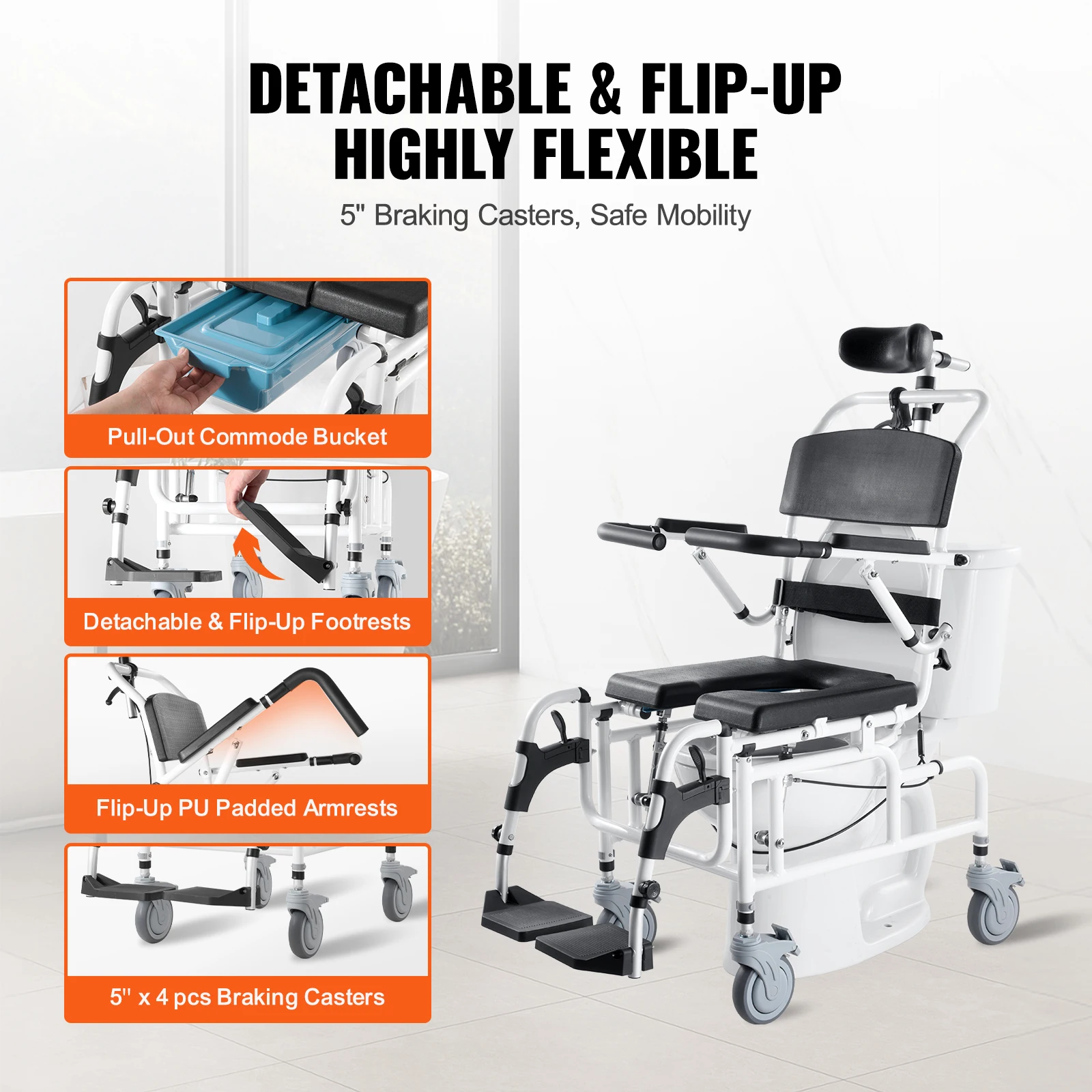 VEVOR Shower Wheelchair  17.5in Width Aluminum Alloy Bathroom Wheelchair for Inside Shower for Disabled Adult  300 lbs Capacity 5