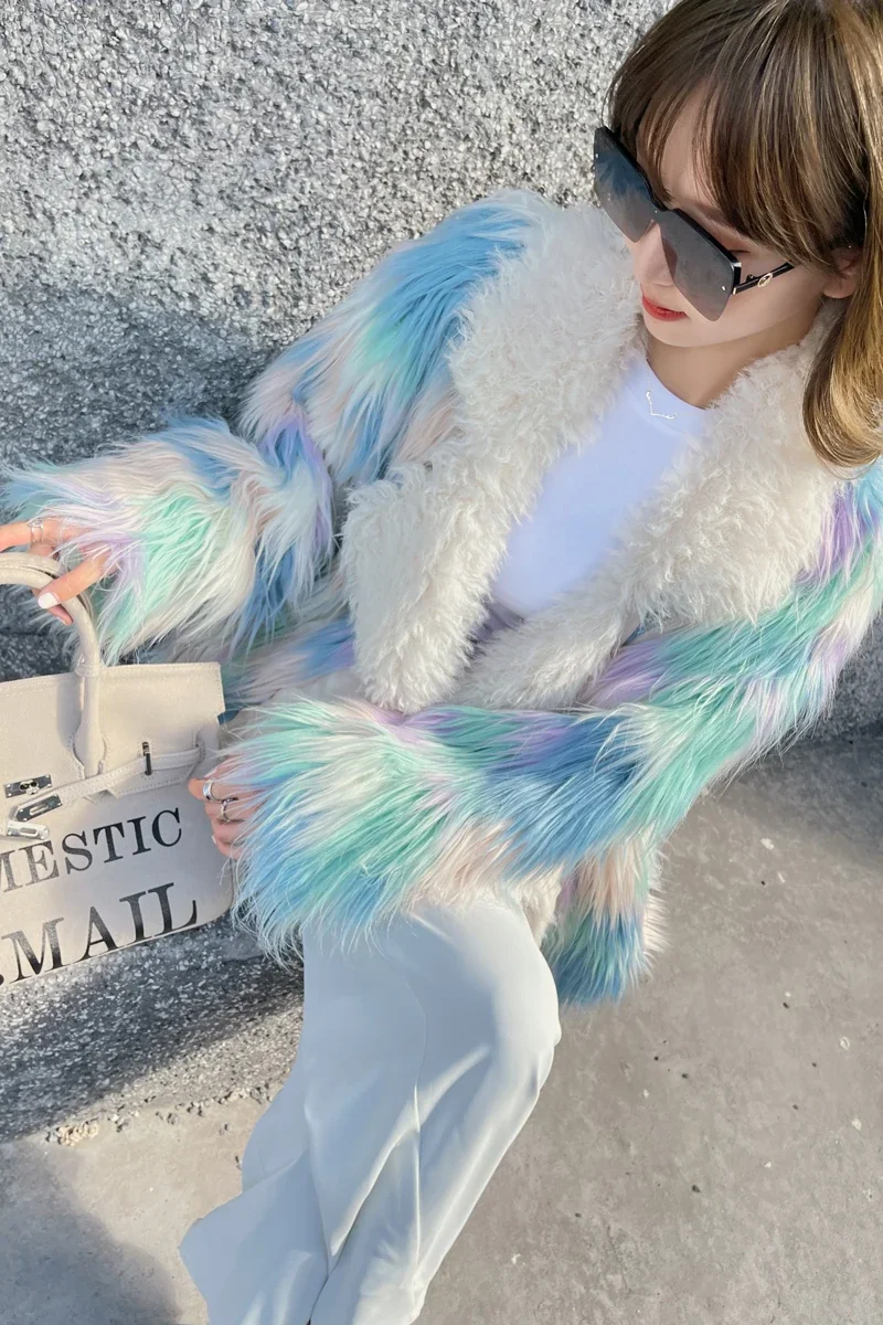 Winter 2023 Thick Warm Jacket Women's Faux Fur Mid-Length Suit Lapel Rainbow Color Lapel Long Sleeve Furry Coat Jaqueta Feminina
