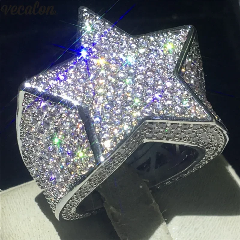 

Vecalon Big Star Male Hiphop ring White Gold Filled 500pcs AAAAA Cz Party Anniversary band rings For men Rock Finger Jewelry