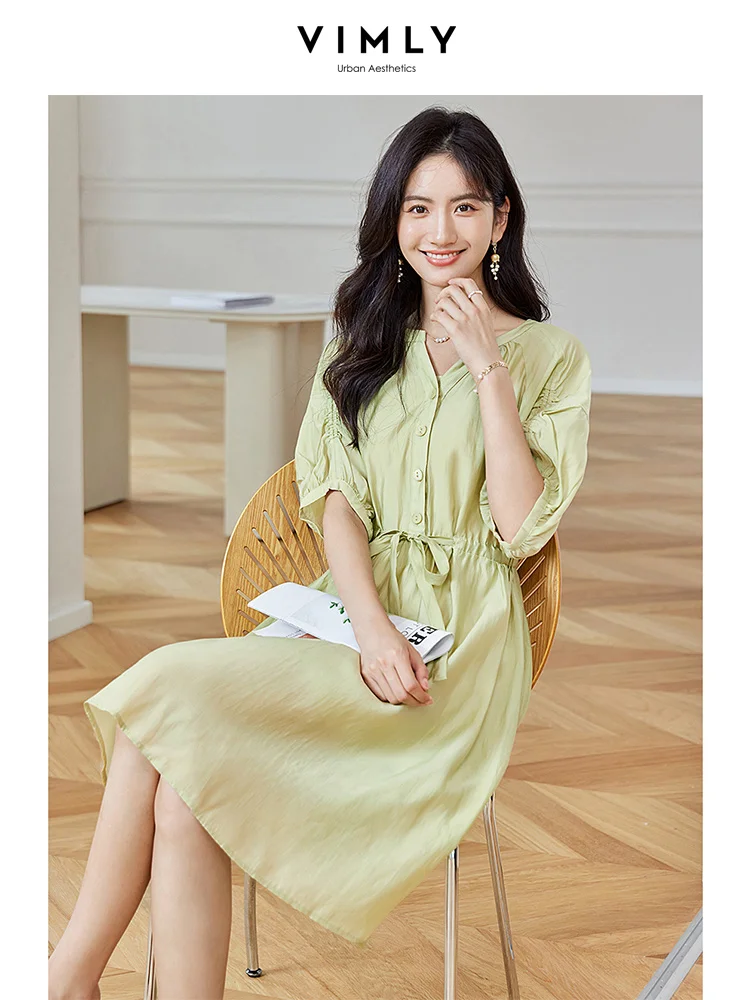 

Vimly Green Lyocell Blend Summer Dresses for Women 2023 Fashion V-neck Short Sleeve Tied Belt Female Ladies Elegant Midi Dress