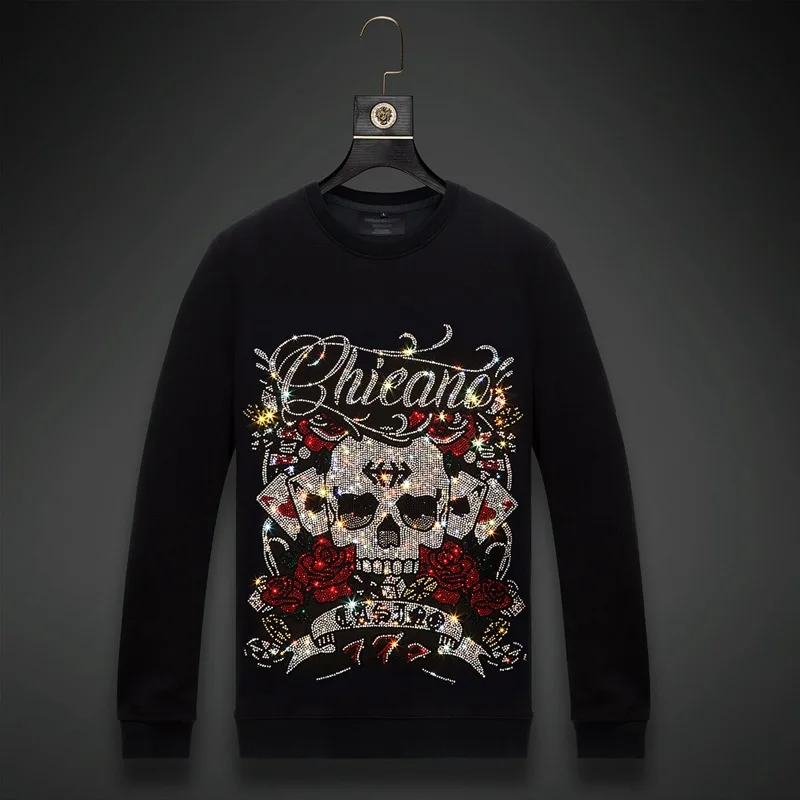 

2023 Men skulls Rhinestones Hoodie Sweatshirt Fashion Streetwear Full Pullover Hoodie Black O Neck Cotton Mens Autumn Clothes