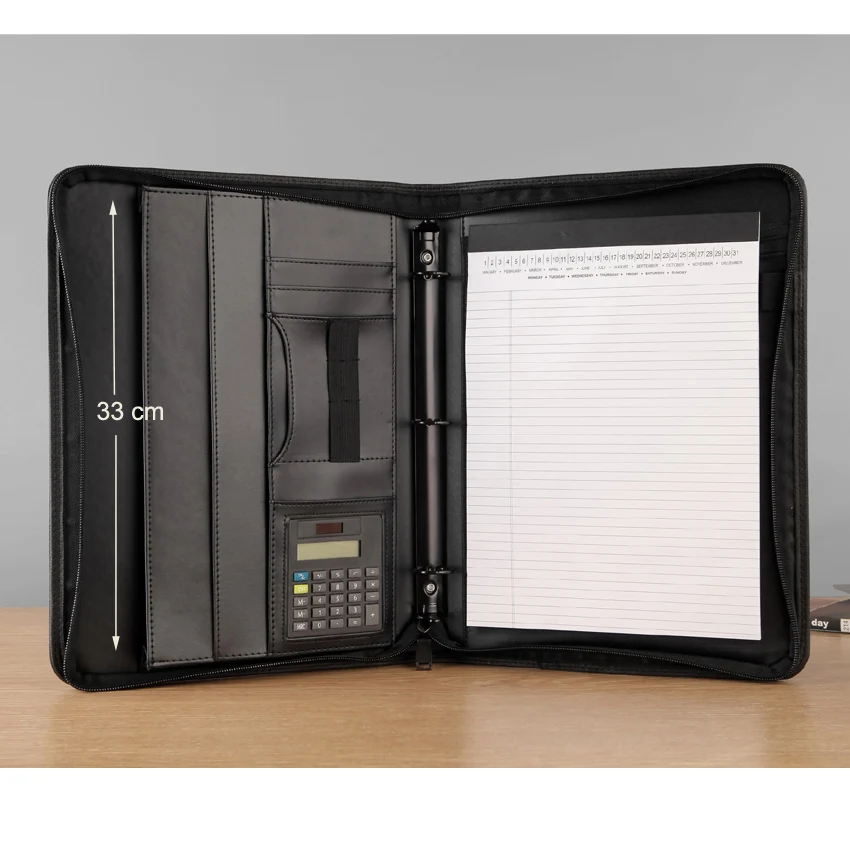 임원 A4 폴더 지퍼 Padfolio 비즈니스 정리함 문서 거치대, 3 링 바인더, PU 가죽 문서 가방, 계산기 포함