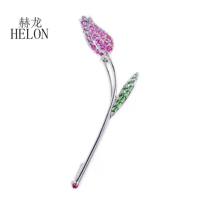 HELON Solid 18K White Gold Tulip Flower Pink Sapphire Brooch Real Tsavorite Anniversary Personality Fashion Jewelry Handcrafted