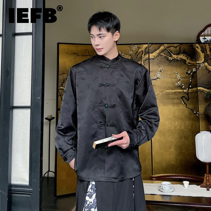 

Рубашка IEFB мужская с жаккардовым узором, модная трендовая сорочка в китайском стиле, однотонная кофта с пряжкой, модель 9C5811 на лето, 2024