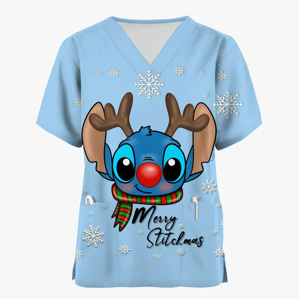 Nurse Uniforms Women Merry Christmas Print Short Sleeve Stitch Scrubs Working Medical Blouse Overalls Uniforms Medical Nursing
