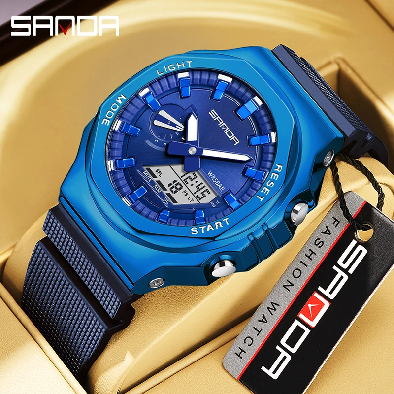 SANDA New Style Men Military Sport Wrist Watch Blue Quartz Steel Waterproof Dual Display Male Clock Watches Relogio Masculino 52mm marine devices pointer clock gauges blue backlight 0 12hours clock meters auto hourmeters 9 32v for motorcycle car truck rv