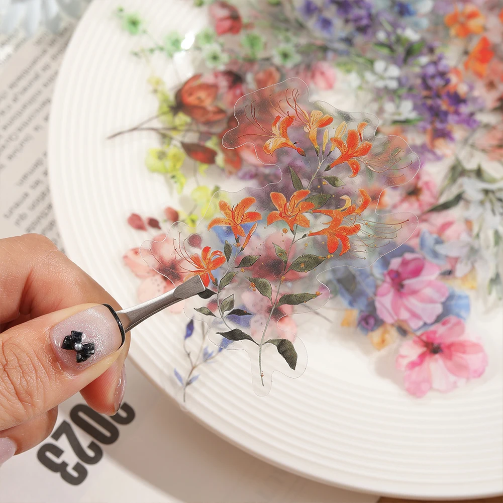 50pcs Flower Sticker Transparent Ink Flower Sticker Waterproof Stickers Set for Journaling Clear Decals