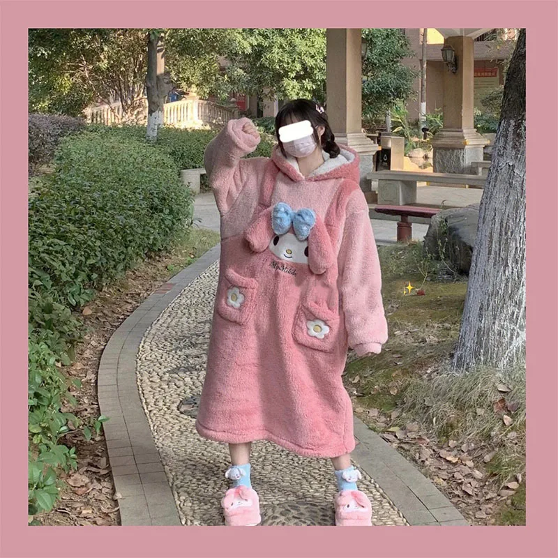 

My Melody Sanrio Plush Kawaii Cartoon Cute Winter Plush Thickened Nightgown Household Clothes Anime Toys for Girls Birthday Gift