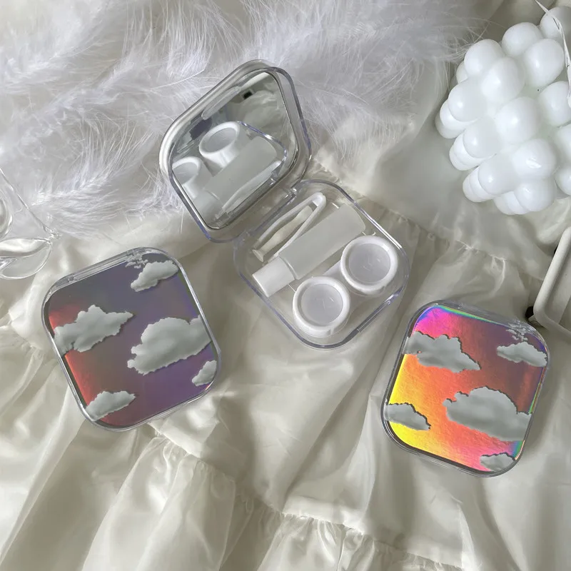 Fashion Laser Clouds Contact Lens Storage Box Portable Travel Contact Lens Case Makeup Beauty Pupil Box Tweezer Sticks Container