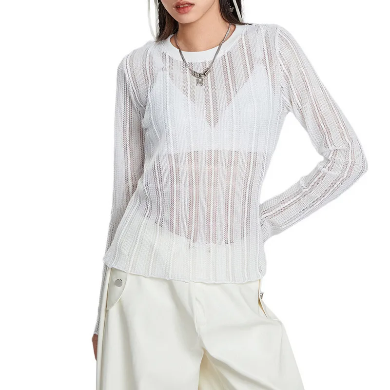 

WPNAKS Women See Through T-Shirts Spring Autumn Clothes y2k Solid Color Striped Crew Neck Slim Tops Sexy Club Streetwear
