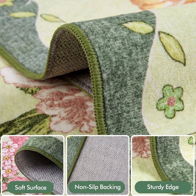Green Floral Living Room Carpet Nordic Retro Large Area Bedroom Rug Machine Washable Non-slip Coffee Table Sofa Floor Mats Tapis