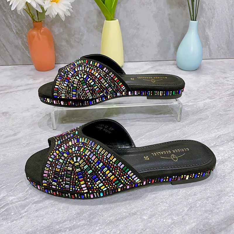 Fashionable Luxury Top Italian Designers 2023 Party Bright Diamond Uppers Summer Party Women's Shoes With Flat Shoes  Nigeria