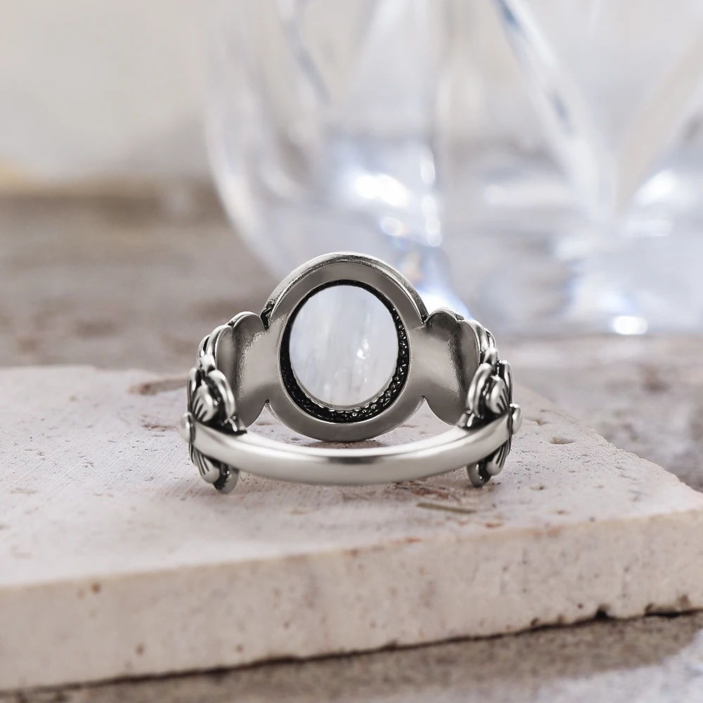 Vintage 925 Sterling Silver Moonstone Ring with 8*10MM Natural Stone Small Flower Shape Retro Rings Fine Jewelry For Women 4