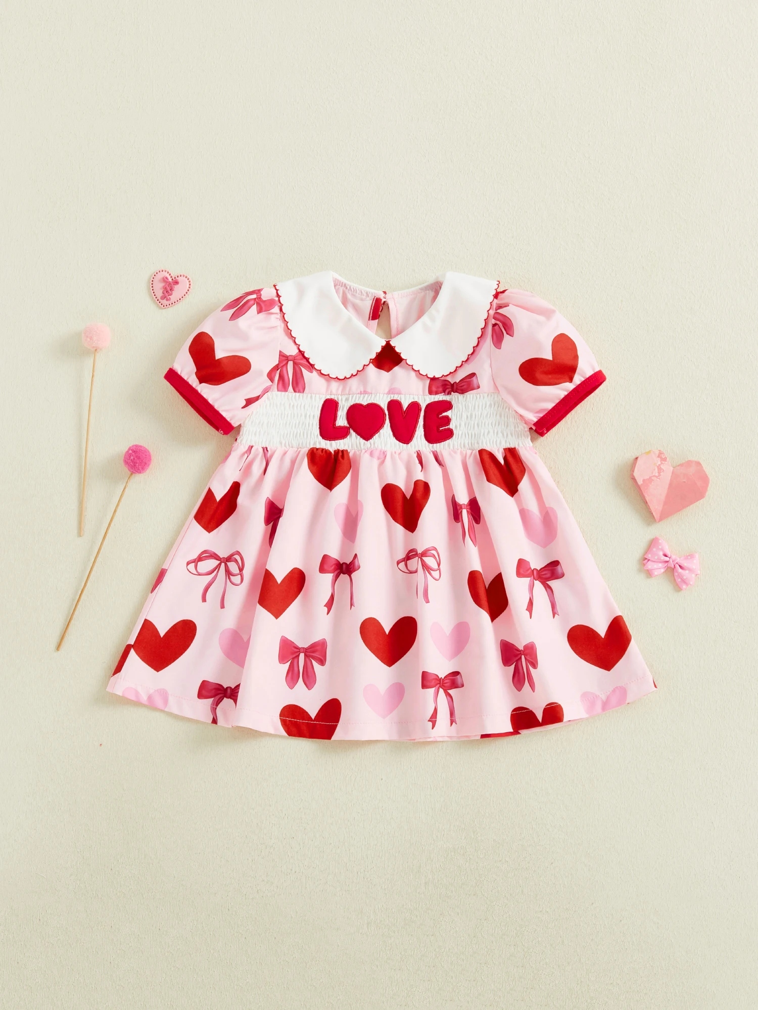 Girls Valentine s Day Dress Sleeveless Heart Print Dress with Ruffle Collar and Bow Detail Summer Party Dress for Kids