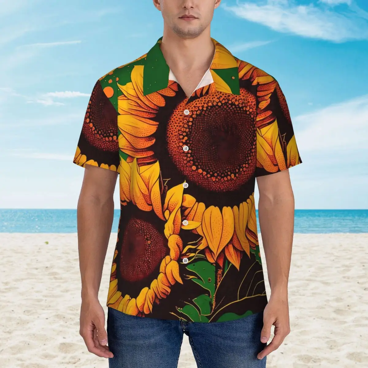 

Sunflower Print Beach Shirt Men Yellow Flowers Casual Shirts Hawaiian Short-Sleeve Custom Loose Oversized Blouses Gift Idea